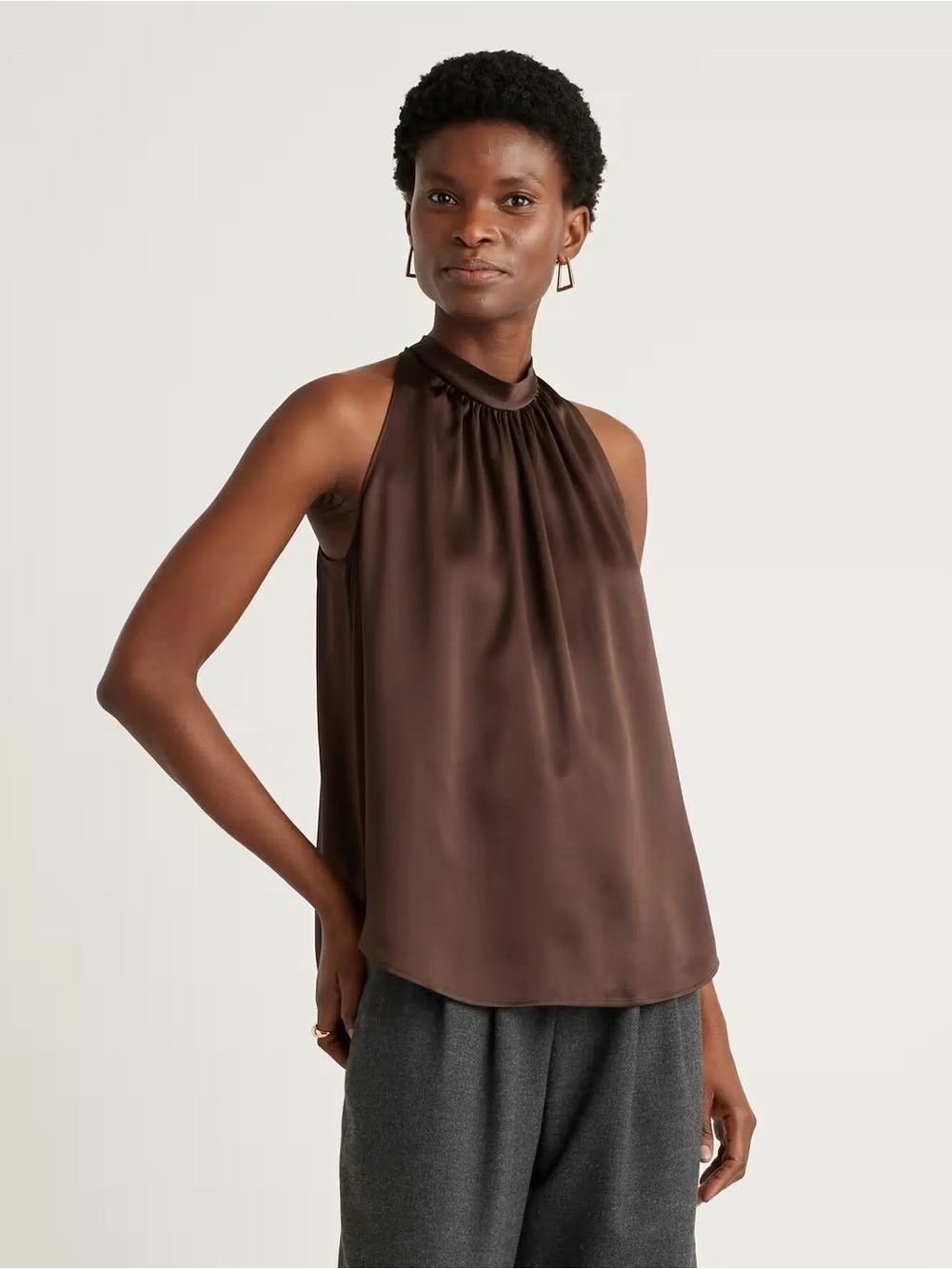 Quince 100% Washable Silk Halter Top in Hot Fudge Brown size XS